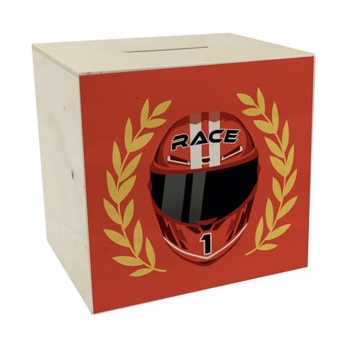 Motorsport-Helm Spardose aus Holz in rot mit Siegerkranz Coole Motorsport Rennwagen Helm Motorrad Sparschwein Racing Sparbüchse Fan Männer Rennsport Sparschwein Auto Sportwagen von speecheese