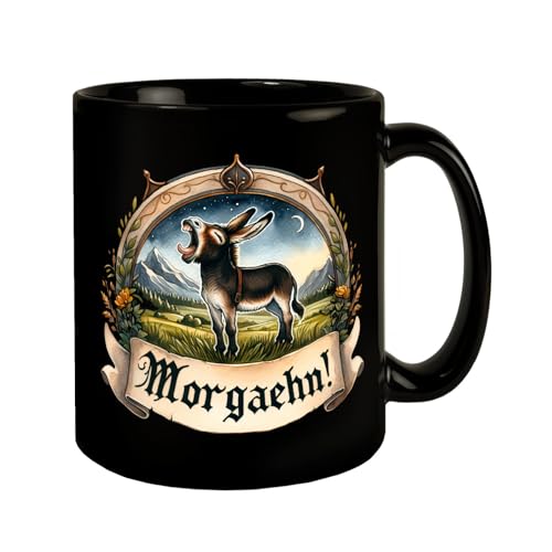 Müder Esel auf der Wiese Tasse in Schwarz mit Spruch Morgaehn! Tierfreund Natur gähnen morgens lustig Zitat Spaß aus Gras von speecheese