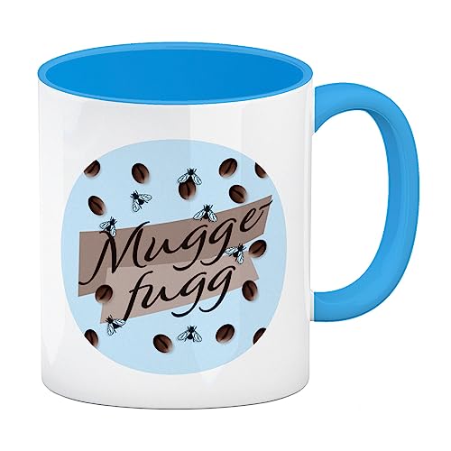 Muggefugg Malzkaffee Kaffeebecher in hellblau mit Kaffeebohnen und Fliegen blau als Geschenk für Liebhaber von dünnem Kaffee oder Kinderkaffee ohne Koffein als lustiger Gag beim Frühstück von speecheese