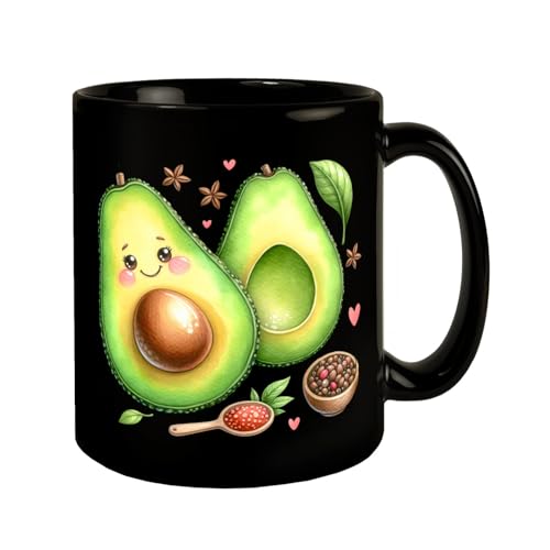 Niedliche Avocado Tasse in Schwarz Lustige Frucht-Glücksmomente Avocado mit Charakter Lächelndem Gesicht Grün von speecheese