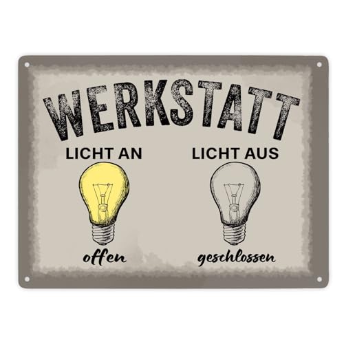 Öffnungszeiten Metallschild XXL in 28x38 cm mit Spruch Werkstatt Licht an offen aus geschlossen Perfekt für Garage Keller Hobbyraum oder Werkstatt Ideal als Geschenk für Vater und von speecheese