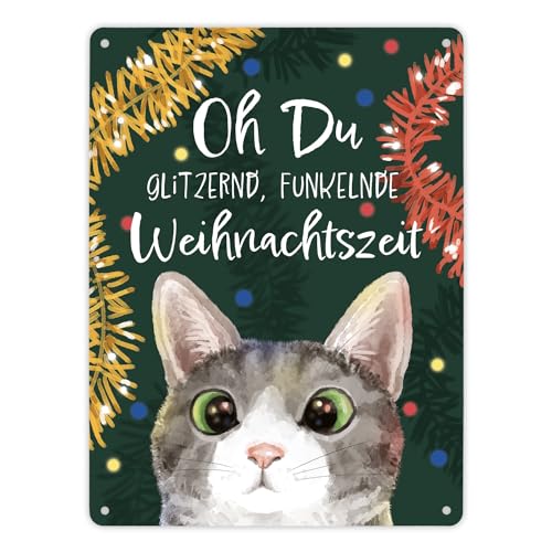 Oh Du glitzernd funkelnde Weihnachtszeit Katze Metallschild XL in 21x28 cm ein buntes Schild für die Winterzeit Weihnachten Kulleraugen Blechschild Illustration von speecheese