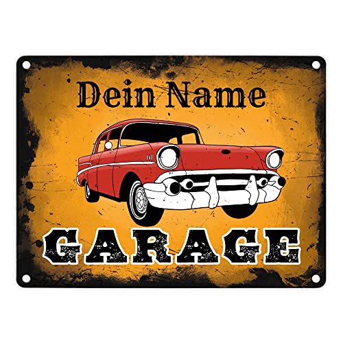 Oldtimer Garage Metallschild - personalisiert mit deinem Namen - als Dekoration für die KFZ Werkstatt von einem Schrauber der alte Autos liebt und gerne daran bastelt als Geschenk für Mechaniker von speecheese
