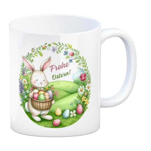 Osterhase Kaffeebecher mit Spruch Frohe Ostern Perfekt für Korb voller bunte Eier Frühling auf grüner Wiese Blumen-Dekor Ostertasse Tasse für Ostern von speecheese