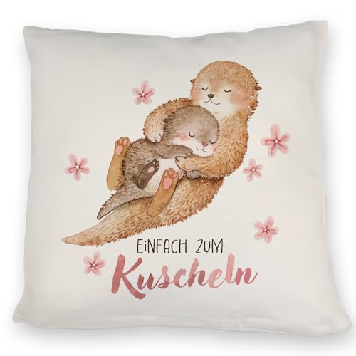 Otter Baby und Mutter Kissen mit Spruch Einfach zum Kuscheln Muttertag niedliche Liebe DekoKissen KuschelKissen Frauen Familie Fischotter Geborgenheit Zuhause Sofa Deko Kissen von speecheese