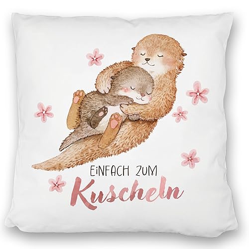 Otter Baby und Mutter Kissen satiniert mit Spruch Einfach zum Kuscheln Muttertag niedliche Liebe DekoKissen satiniert KuschelKissen satiniert Frauen Familie Fischotter Geborgenheit von speecheese