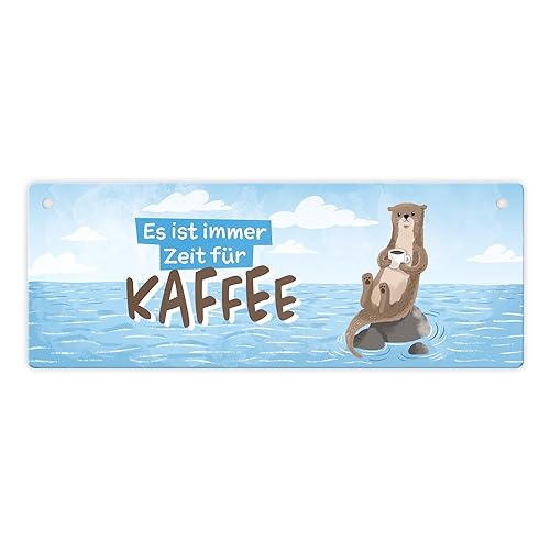 Otter Metallschild L in 10,5x28cm mit Spruch Es ist immer Zeit für Kaffee Männer Frauen Schild Blechschild Geburtstagsgeschenk lustiges Kaffeezeit Dekoration Küchen Fischotter von speecheese