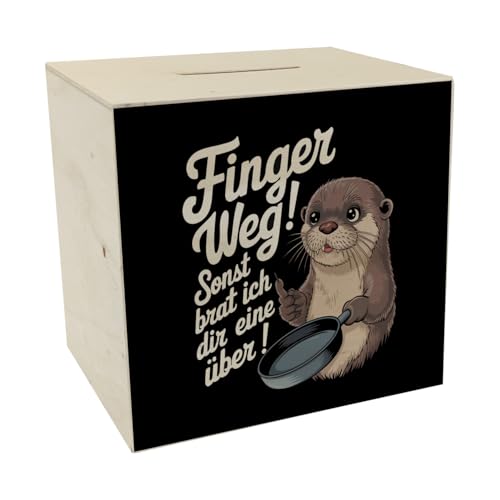 Otter mit Pfanne - Finger Weg Spardose aus Holz Humorvolle Illustration Charmante Otter Spardose aus Holz in Schwarz für Ihre Ersparnisse mit humorvollem Text von speecheese