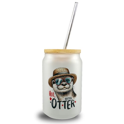 Otter mit Sonnenbrille und Strohhut Trinkglas mit Bambusdeckel mit Spruch Hot Hotter Otter Ein cooles Statement für Tierfreunde die sich gerne entspannen von speecheese