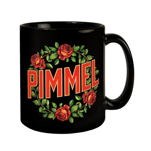 PIMMEL Blumensprache Tasse Stilvoller schwarzer Kaffeebecher mit Vintage-Poster-Design in roten Buchstaben und grünen Blättern perfekt für Kumpels PIMMEL Blumensprache Tasse Stilvoller schwarzer Kaffeebecher mit Vintage-Poster-Design in roten Buchstaben und grünen Blättern perfekt für Kumpels von speecheese
