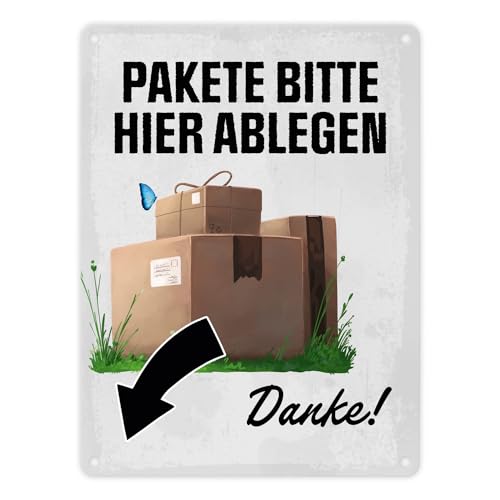 Pakete bitte hier ablegen, Danke! Metallschild in 15x20 cm - Pfeil links Blechschild zeigt dem Paketboten wo das Paket abgestellt werden soll von speecheese