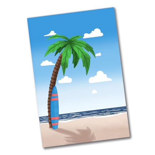 Palme am Strand mit Meer und Surfbrett Souvenir Magnet schöner Souvenir Magnet für den Kühlschrank von Surfern zum Befestigen von Fotos Postkarten oder Haushaltsplan von speecheese