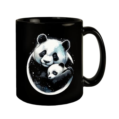 Panda Mama mit Baby Tasse schwarz in Schwarz Bär Kuscheln Mutterliebe Jungtier Säugetier Umarmung Starke Bindung von speecheese