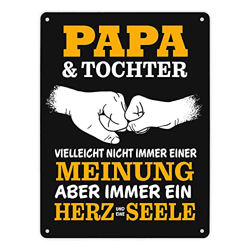 Papa & Tochter, ein Herz und eine Seele Metallschild XL in 21x28 cm mit Spruch in gelb als schöne Dekoration für Papas Lieblingsplatz, um die Freundschaft zwischen Vater und Kind von speecheese