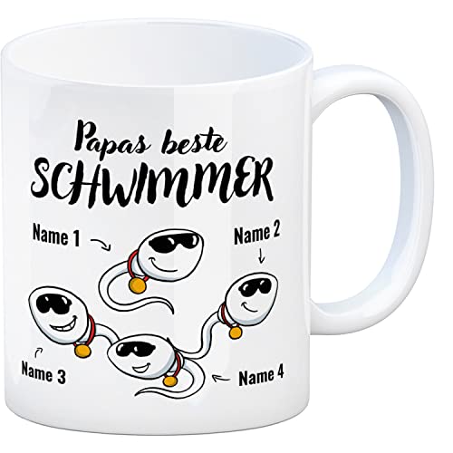 Papas beste Schwimmer Sperma Kaffeetasse - personalisiert mit euren Namen - Kaffeebecher für Dad zum Vatertag oder Herrentag versaute Überraschung zum Geburtstag von Kindern Tochter Sohn oder Familie von speecheese