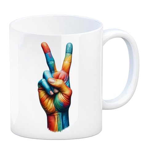 Peacezeichen in regenbogenfarben Kaffeebecher Friedenssymbol Bunte Tasse Farben Finger Hand Peace Zeichen Kaffeetasse Akzeptanz LGBTQ von speecheese