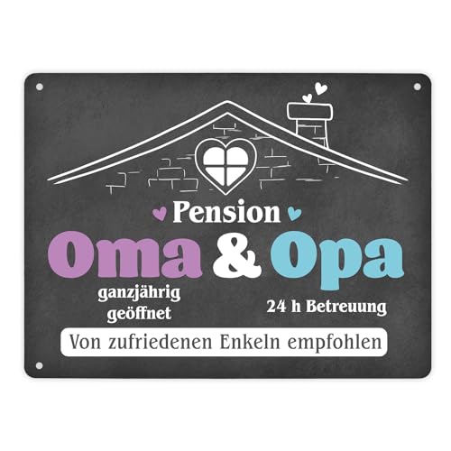 Pension Oma & Opa Metallschild XL in 21x28 cm mit Spruch Von zufriedenen Enkeln empfohlen ein buntes Schild für die Großeltern Wohnungseinweihung Blechschild Herzförmige Fenster von speecheese