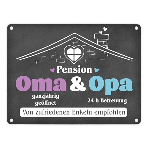 Pension Oma & Opa Metallschild in 15x20 cm mit Spruch Von zufriedenen Enkeln empfohlen ein buntes Schild für die Großeltern Wohnungseinweihung Blechschild Herzförmige Fenster von speecheese
