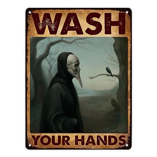 Pestdoktor Metallschild XL in 21x28 cm mit Spruch Wash your Hands ein humorvolles Blechschild für dein WC Händewaschen Hygiene Badezimmer witzig Plague doctor von speecheese