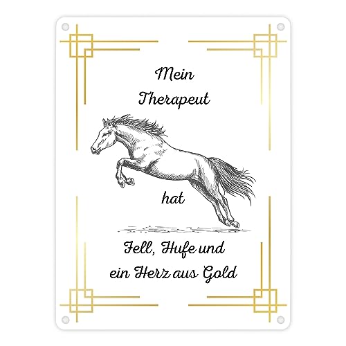 Pferd Metallschild in 15x20 cm ein dekoratives Blechschild für Tierliebhaber Mein Therapeut hat Fell Hufe und ein Herz aus Gold Tiere schön von speecheese