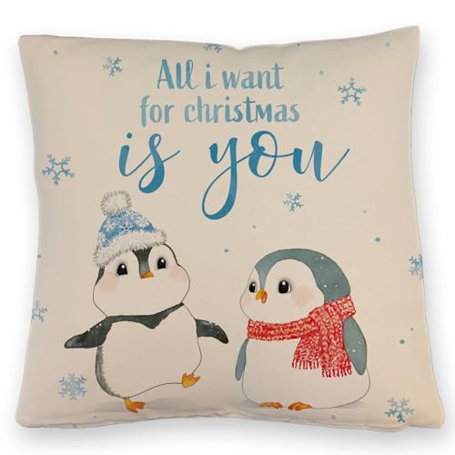 Pinguin Kissen mit Leinenoptik mit Spruch All i Want for Christmas is You EIN bequemes DekoKissen mit Leinenoptik für die Couch Frauen KuschelKissen mit Leinenoptik Motiv EIS von speecheese