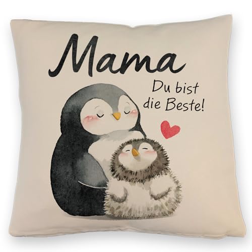 Pinguin Mutter und Kind Kissen mit Leinenoptik mit Spruch Mama du bist die Beste Ideales Muttertagsgeschenk mit Herz - Liebevolle Familie Tier Motive Pinguin Mutter und Kind Kissen mit Leinenoptik mit Spruch Mama du bist die Beste Ideales Muttertagsgeschenk mit Herz - Liebevolle Familie Tier Motive von speecheese