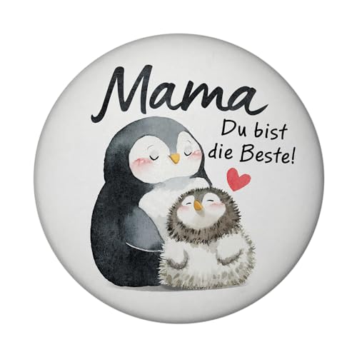 Pinguin Mutter und Kind Magnet rund mit Spruch Mama du bist die Beste Muttertagsgeschenk voller Liebe Herzliches Dankeschön für Mama Familien-Tier-Motiv von speecheese