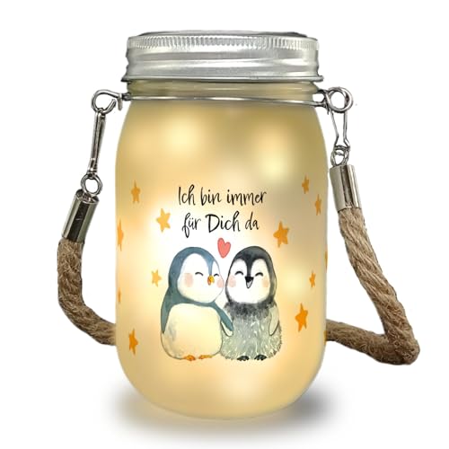 Pinguin Pärchen Solarlicht mit Spruch Ich bin immer für dich da ein niedliches Dekolicht für die Terrasse Frauen Dekolampe Einmachglas Freundschaft von speecheese