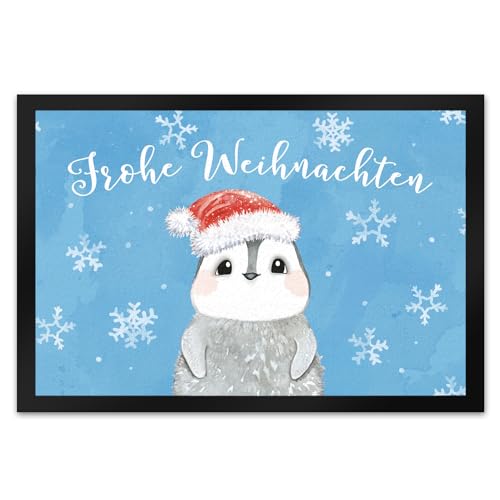 Pinguin mit Weihnachtsmütze Fußmatte XL in 40x60 cm in blau und Spruch Frohe Weihnachten EIN weihnachtlicher Türvorleger für Deine Wohnung von speecheese