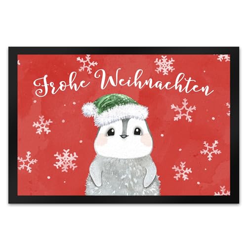 Pinguin mit Weihnachtsmütze Fußmatte XL in 40x60 cm in rot und Spruch Frohe Weihnachten EIN weihnachtlicher Türvorleger für Deine Wohnung von speecheese