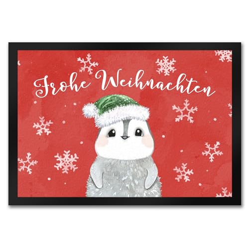 Pinguin mit Weihnachtsmütze Fußmatte in 35x50 cm in rot und Spruch Frohe Weihnachten EIN weihnachtlicher Türvorleger für Deine Wohnung von speecheese