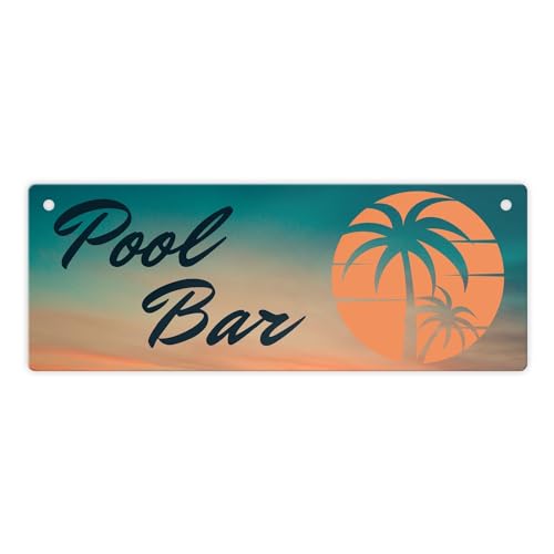 Pool Bar Metallschild L in 10,5x28cm mit Sonnenaufgang und Palmen ein buntes Schild zum Geburtstag Urlaub Ladenbesitzer Geschäft geschlossen Aluminium Ladengeschäft Blechschild von speecheese