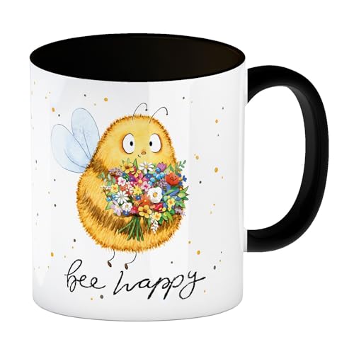 Pummel Biene Kaffeebecher in schwarz mit Spruch Bee happy Hummel Motiv Frühling Blumen Design Glücklich Machend Handgezeichnet von speecheese