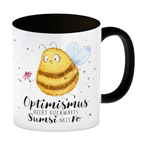 Pummel Biene Kaffeebecher in schwarz mit Spruch Optimismus heißt rückwärts Sumsi mit Po eine bunte Tasse für die Arbeit Motiv Bienentasse Kaffeetasse Frauen Geburtstag lustige von speecheese