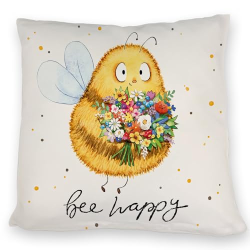 Pummel Biene Kissen mit Spruch Bee Happy Hummel Blumen Design Frühling Glücklich Gezeichnetes Hpnig Strauß Kissen zum Schlafen sei glücklich von speecheese