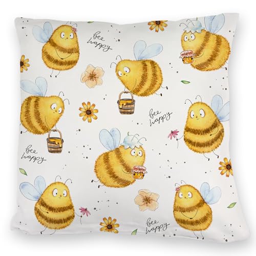 Pummel Biene Kuschelkissen mit Spruch Bee Happy EIN bequemes DekoKuschelkissen für die Couch Frauen Geburtstag Kuscheliger Kuschelkissen bezug Hummel Bedruckt Inlay Motiv Sofa von speecheese