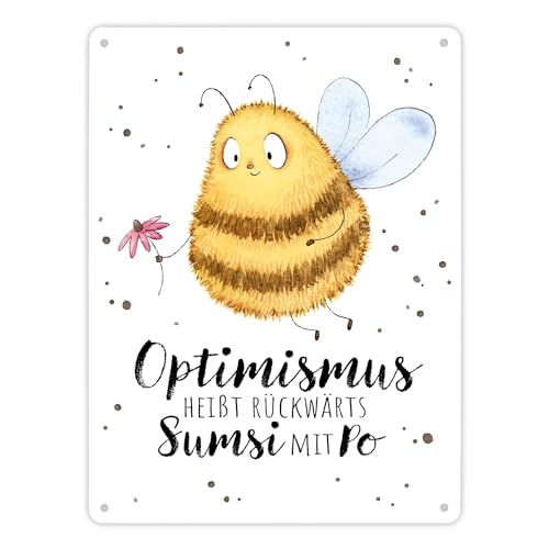 Pummel Biene Metallschild XL in 21x28 cm mit Spruch Optimismus heißt rückwärts Sumsi mit Po ein süßes Schild für Bienenhalter Hummel Honig Frühling Blechschild Blumenwiese von speecheese