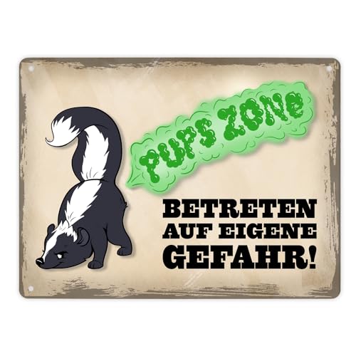 Pupszone Betreten auf eigene Gefahr Metallschild mit süßem Comic-Stinktier lustiges Toilettenschild als Warnung vor streng riechenden Gasen von speecheese