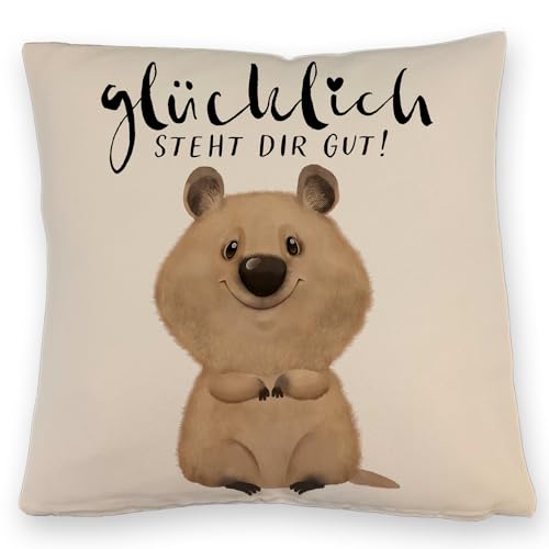 Quokka Kissen mit Leinenoptik mit Spruch Glücklich Steht dir gut Freunde der Wildtiere Bett Begleiter Pausbacken Quokka für Gute Laune und süße Träume beim Schlafen von speecheese