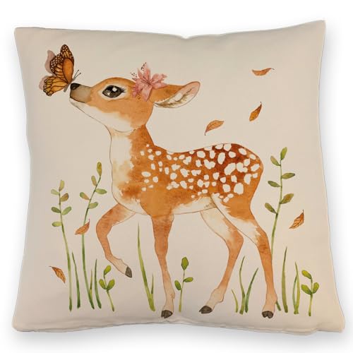 REH Kissen mit Leinenoptik im Aquarell Stil EIN bequemes DekoKissen mit Leinenoptik für die Couch Natur Waldtiere Wald Geschenkidee Rehkitz Herbst Geburtstag Sofa Frauen niedlich von speecheese