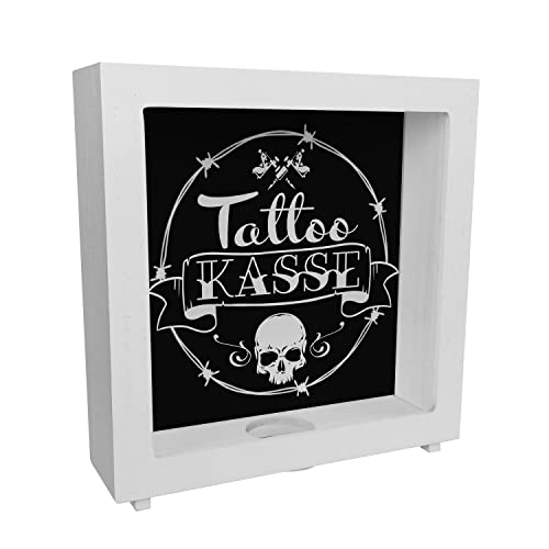 Rahmen Spardose aus Holz aus Keramik mit coolen Tattoo-Motiven in schwarz - Tattookasse als Geschenk für Punks und Verrückte Freunde die Sich gerne tätowieren Lassen Aber Nicht von speecheese