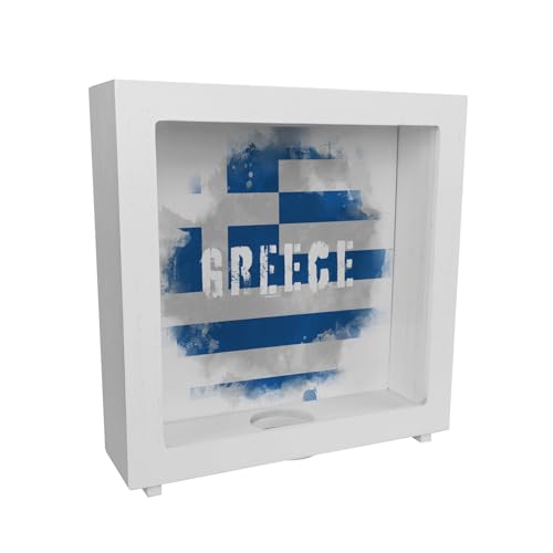 Rahmen Spardose aus Holz mit Griechenland-Flagge im Used Look - Sparschwein für Urlauber eine schöne Sparbüchse mit der griechischen Nationalflagge verziert um auf die Reise nach von speecheese