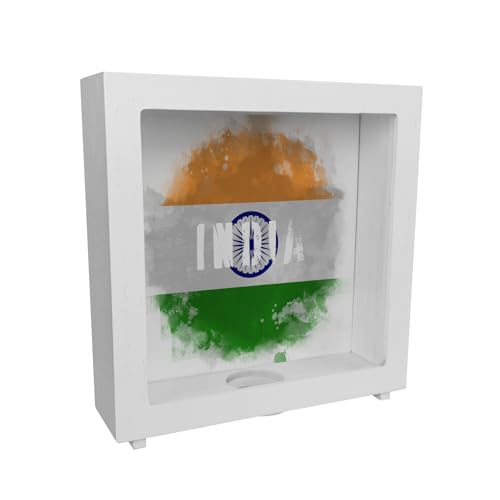 Rahmen Spardose aus Holz mit Indien-Flagge im Used Look - Sparschwein für Urlauber eine schöne Sparbüchse mit der indischen Nationalflagge verziert um auf die Reise nach Indien zu von speecheese