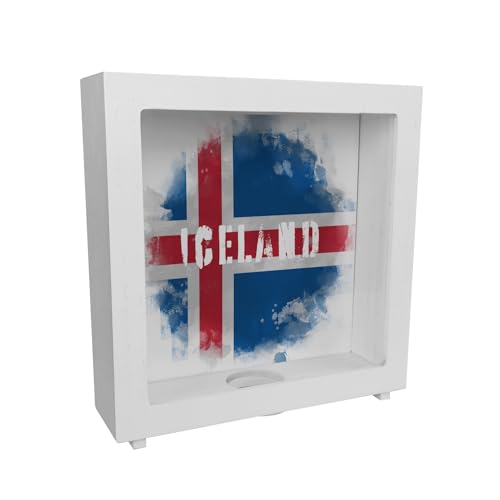 Rahmen Spardose aus Holz mit Island-Flagge im Used Look - Sparschwein für Urlauber eine schöne Sparbüchse mit der isländischen Nationalflagge verziert um auf die Reise nach Island von speecheese