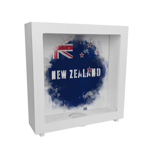 Rahmen Spardose aus Holz mit Neuseeland-Flagge im Used Look - Sparschwein für Urlauber eine schöne Sparbüchse mit der neuseeländischen Nationalflagge verziert um auf die Reise von speecheese