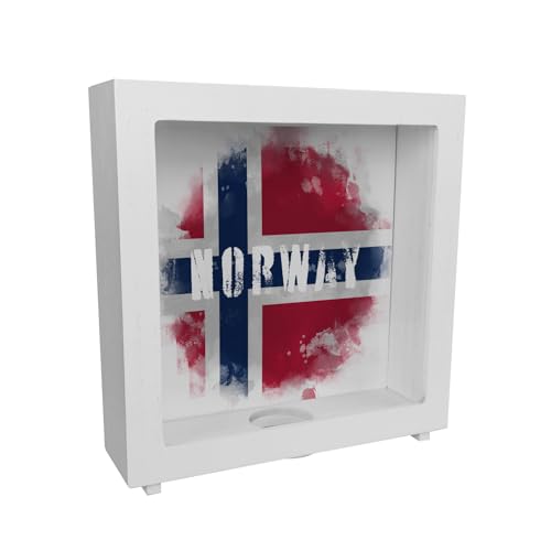Rahmen Spardose aus Holz mit Norwegen-Flagge im Used Look - Sparschwein für Urlauber eine schöne Sparbüchse mit der norwegischen Nationalflagge verziert um auf die Reise nach von speecheese