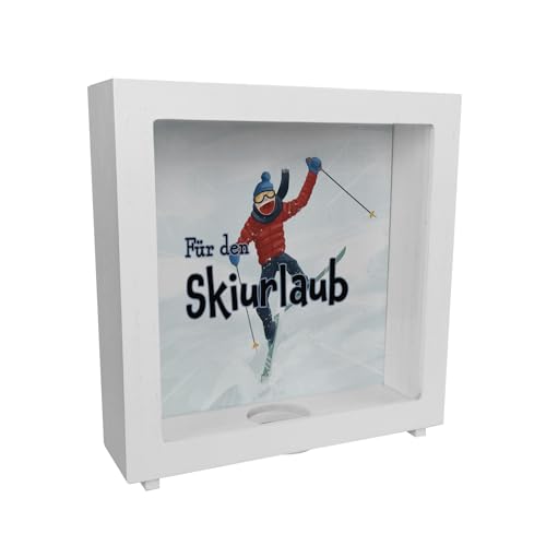 Rahmen Spardose aus Holz mit lustigem Skifahrer-Motiv und Spruch - Für den Skiurlaub als lustiges Geschenk für Skifahrer die etwas Geld für den nächsten Skiurlaub oder die von speecheese