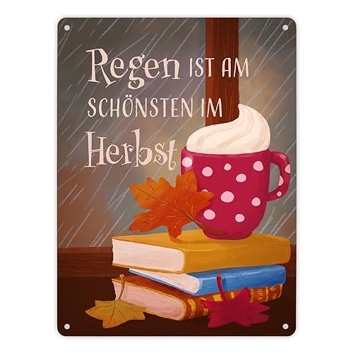 Regen ist am schönsten im Herbst Metallschild XL in 21x28 cm dekoratives Blechschild mit herbstlichem Stillleben als schöne Dekoration für Herbststimmung zuhause auf der Couch von speecheese