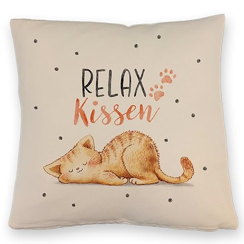 Relaxte Katze Kissen mit Leinenoptik mit Spruch Relax Kissen mit Leinenoptik EIN buntes DekoKissen mit Leinenoptik für die Couch Katzenmotiv süß Katzenliebhaber EntspannungsKissen von speecheese