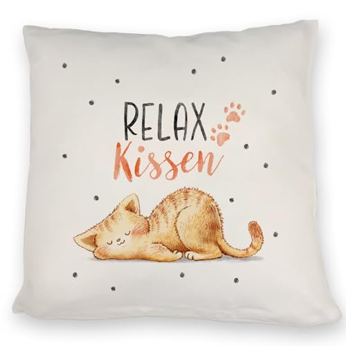 Relaxte Katze Kissen mit Spruch Relax Kissen EIN buntes DekoKissen für die Couch Katzenmotiv süß Katzenliebhaber EntspannungsKissen Frauen süßes KatzenKissen zum Ausruhen Rente von speecheese